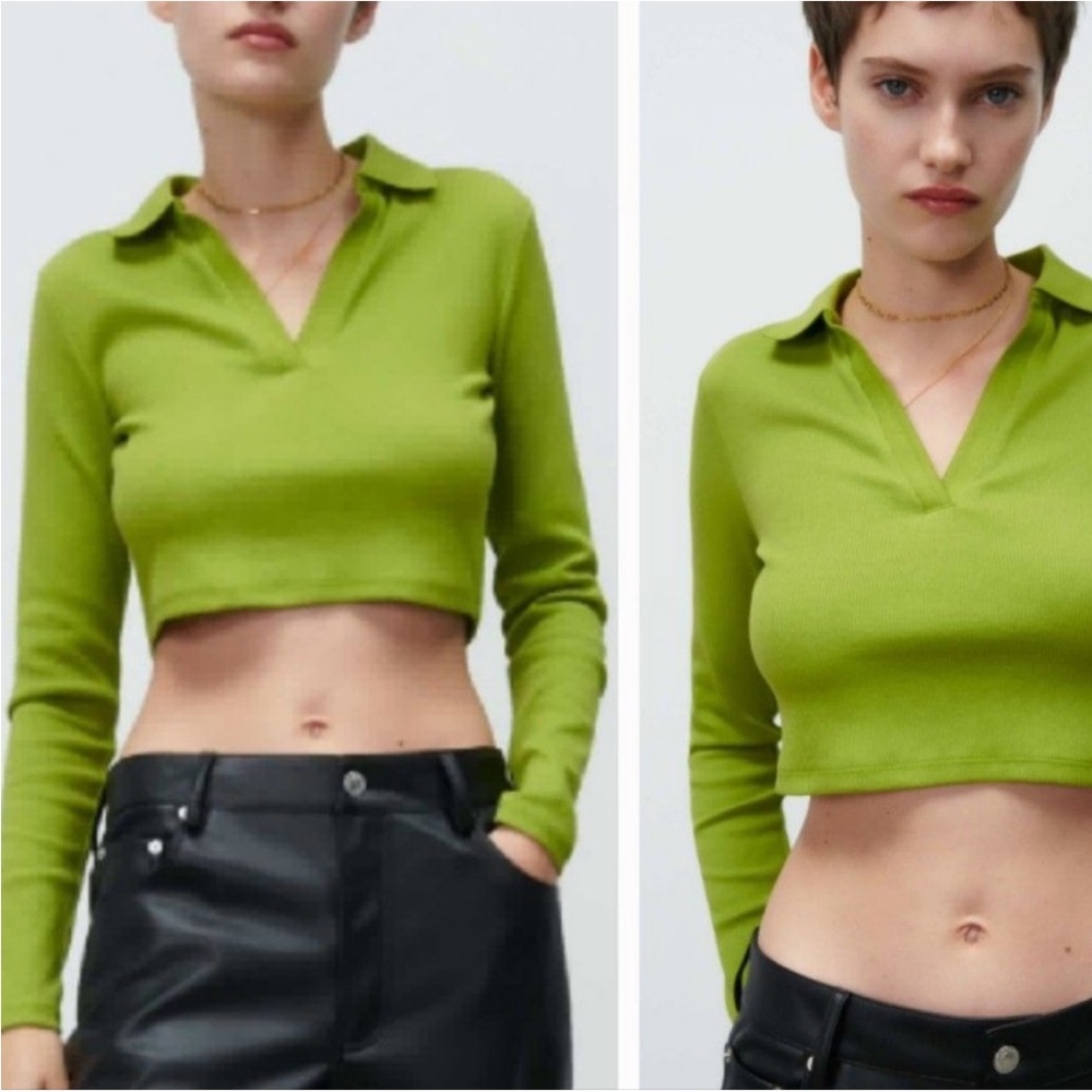 NWT Zara Green Ribbed Crop Top long sleeve collar medium